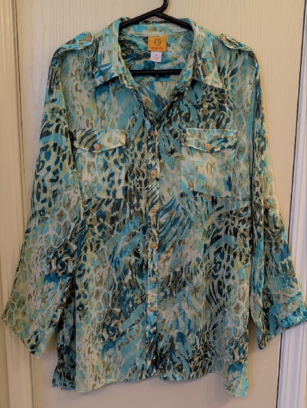 Ruby Rd Turquoise Animal Print Sheer Button Blouse Size 18 Roll Tab Sleeves